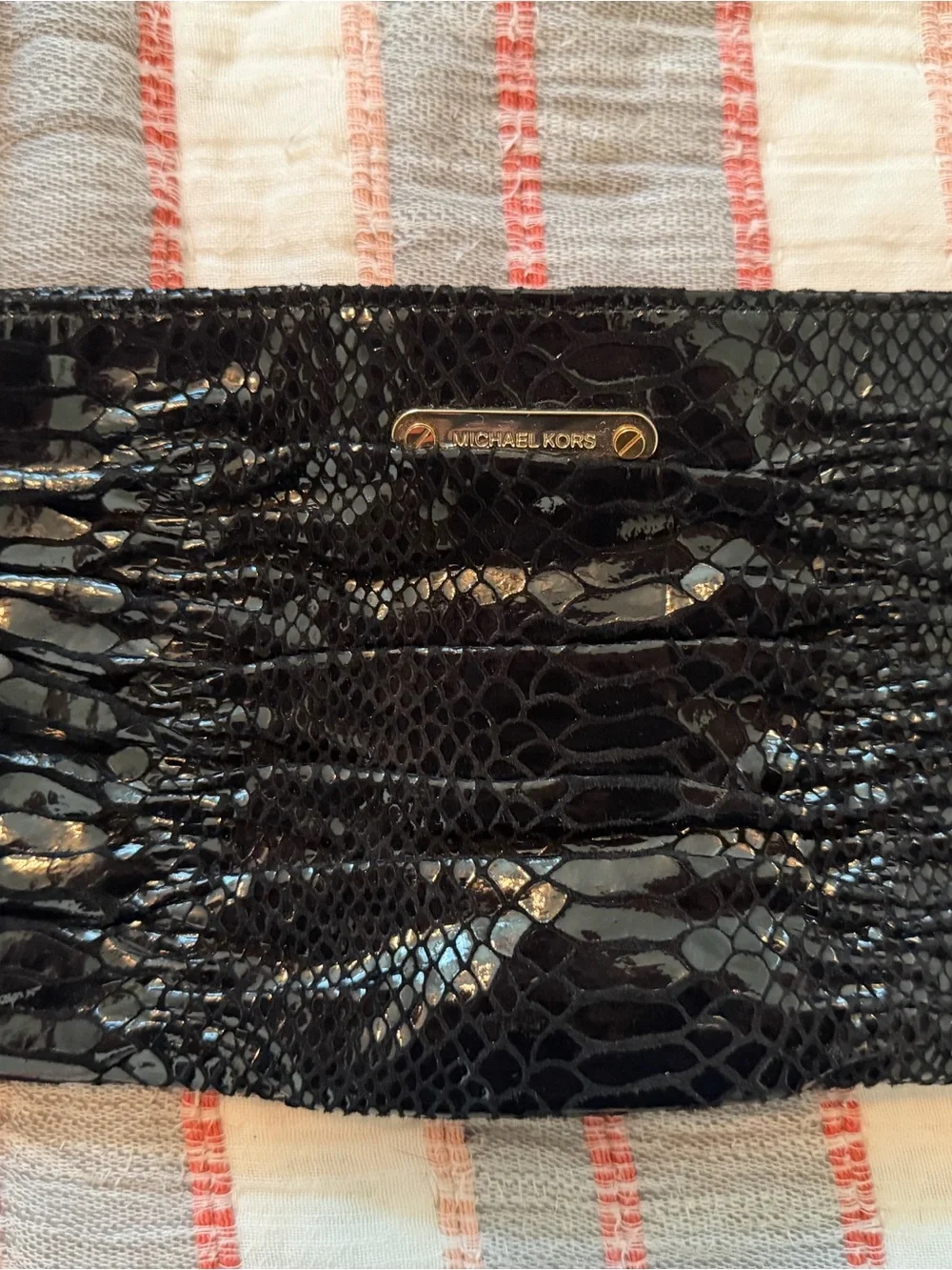 Michael Kors Black Patent Leather Crossbody Bag with Snake-Embossed Texture